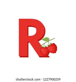 Fruits Alphabet - Letter R for Raspberry. Education for Kids Flat Vector Illustration.