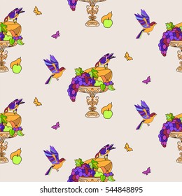 Fruits in antique vase and birds, still life seamless pattern.
