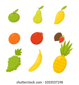 Fruits - apple, banana, pear, pineapple, pomegranate, strawberry, orange, kiwi, grape, mango in flat style. Vector illustration, fruit isolated on white background