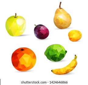 Fruits apple, lime, orange, pear, banana and plum berries and apricot in low poly style isolated on white background