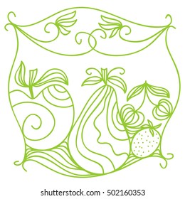 Fruits. Apple, pear, cherry and strawberry. Vector illustration.