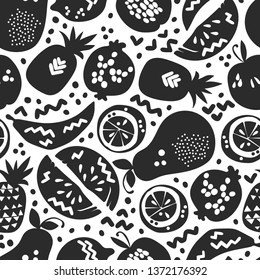 Fruits: apple, pear, orange, pomegranate, pineapple, watermelon. Seamless vector pattern (background, print).