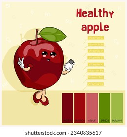 Fruits. Apple is tasty and healthy. Red color with arms and legs. Groovy style. Vitamin C, B1, B2, P, E, K, Fe, Mn, Ca. Proper nutrition. Baby food.