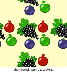 Fruits - Apples, Grapes, Pomegranate, Figs Seamless Pattern Light Greenbackground