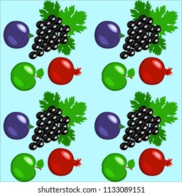 Fruits - apples, grapes, pomegranate, figs Seamless pattern Light blue background