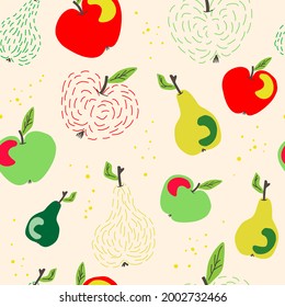 Fruits apples pears seamless pattern. Hand drawn in cartoon style for designs. Vector eps 10