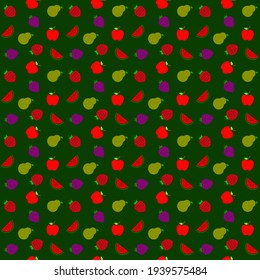 Fruits apples pears strawberries grapes and watermelon on a green background, texture for design, seamless pattern, vector illustration