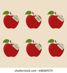 Fruits apples, stickers in vector, discount, bio, organic, sale, best price, discount.