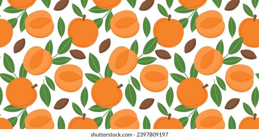 Fruits of apricot on a white color background. Apricot with leaves vector pattern. Seamless vector floral pattern. Repeating design for fabric, drawing labels, wallpaper, fruit background.