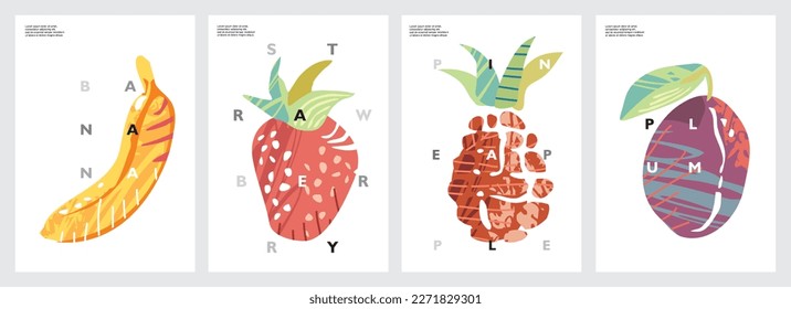 Fruits artistic summer banners and posters set. Vector fruit strawberry, pineapple, plum and banana illustrations watercolor style.