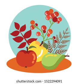 fruits of autumn with leafs decoration vector illustration design