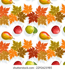 Fruits and autumn leaves.Vector pattern with apples, pears and autumn leaves on a transparent background with a shadow.