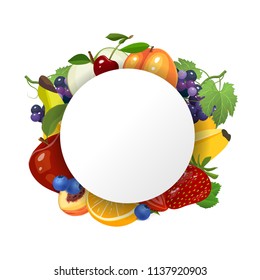 Fruits background with circle in the centre. Fruits border vector illustration