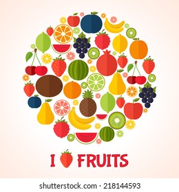 Fruits background in flat style. Colorful template for cooking, restaurant menu and vegetarian food 