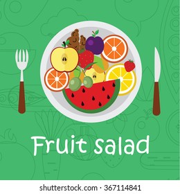 Fruits background in flat style. Colorful template for cooking, restaurant menu and vegetarian food