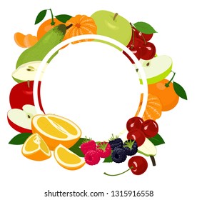 Fruits background frame. Assorted colorful fruits arranged in a circle on the white background, copy space for text in the middle. Vector illustration