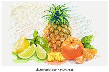Fruits in the background of the garden, pineapple, lemon, mandarin, lime.Vegetarian food, vitamins.Vector illustration