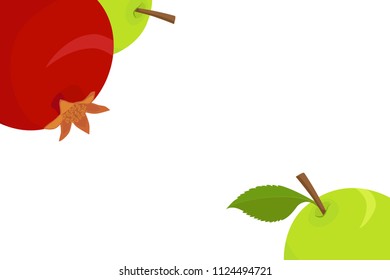 Fruits background with green apples and red pomegranate on white background, banner with space for text, design element for holiday of Rosh Hashanah, Harvest festival