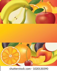 Fruits background with orange banner, vector