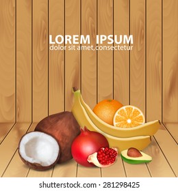 Fruits background. Orange, coconut, pomegranate, banana and avocado. High quality vector. EPS10 vector
