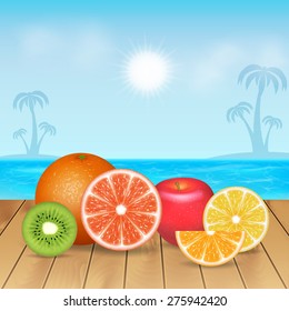 Fruits background. Orange, lemon, grapefruit, apple and kiwi. High quality vector. EPS10 vector