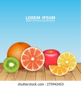 Fruits background. Orange, lemon, grapefruit, apple and kiwi. High quality vector. EPS10 vector