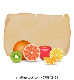 Fruits background. Orange, lemon, grapefruit, apple and kiwi. High quality vector. EPS10 vector