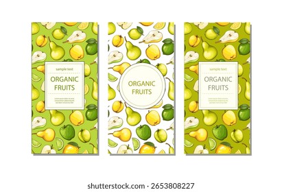 Fruits background. Organic Fruits banner design. Fruits layout.  Farmers market banner with fresh fruits. Local food. Agricultural Harvest Hand Drawn Poster. Marketing and advertisement template