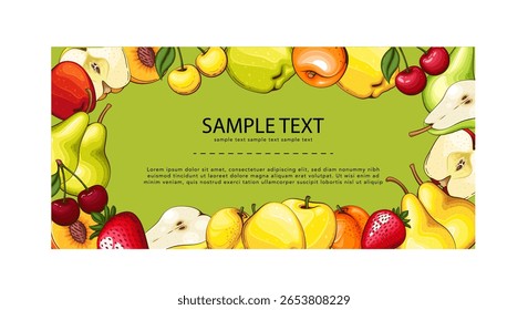 Fruits background. Organic Fruits banner design. Fruits layout.  Farmers market banner with fresh fruits. Local food. Agricultural Harvest Hand Drawn Poster. Marketing and advertisement template