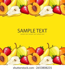 Fruits background. Organic Fruits banner design. Fruits layout.  Farmers market banner with fresh fruits. Local food. Agricultural Harvest Hand Drawn Poster. Marketing and advertisement template