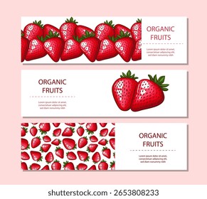 Fruits background. Organic Fruits banner design. Fruits layout.  Farmers market banner with strawberry. Local food. Agricultural Harvest Hand Drawn Poster. Marketing and advertisement template