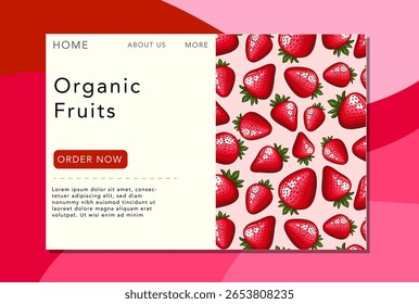 Fruits background. Organic Fruits banner design. Fruits layout.  Farmers market banner with strawberry. Local food. Agricultural Harvest Hand Drawn Poster. Marketing and advertisement template