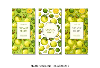 Fruits background. Organic Fruits banner design. Fruits layout.  Farmers market banner with fresh fruits. Local food. Agricultural Harvest Hand Drawn Poster. Marketing and advertisement template