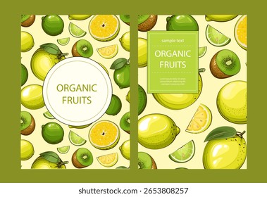 Fruits background. Organic Fruits banner design. Fruits layout.  Farmers market banner with fresh fruits. Local food. Agricultural Harvest Hand Drawn Poster. Marketing and advertisement template