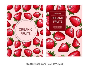 Fruits background. Organic Fruits banner design. Fruits layout.  Farmers market banner with strawberry. Local food. Agricultural Harvest Hand Drawn Poster. Marketing and advertisement template