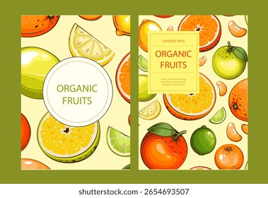 Fruits background. Organic Fruits banner design. Fruits layout.  Farmers market banner with fresh fruits. Local food. Agricultural Harvest Hand Drawn Poster. Marketing and advertisement template