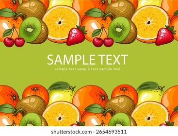 Fruits background. Organic Fruits banner design. Fruits layout.  Farmers market banner with fresh fruits. Local food. Agricultural Harvest Hand Drawn Poster. Marketing and advertisement template