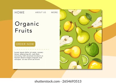 Fruits background. Organic Fruits banner design. Fruits layout.  Farmers market banner with fresh fruits. Local food. Agricultural Harvest Hand Drawn Poster. Marketing and advertisement template