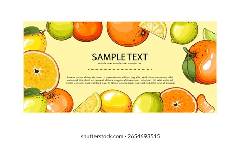 Fruits background. Organic Fruits banner design. Fruits layout.  Farmers market banner with fresh fruits. Local food. Agricultural Harvest Hand Drawn Poster. Marketing and advertisement template