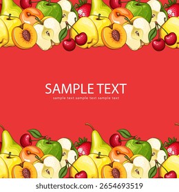 Fruits background. Organic Fruits banner design. Fruits layout.  Farmers market banner with fresh fruits. Local food. Agricultural Harvest Hand Drawn Poster. Marketing and advertisement template