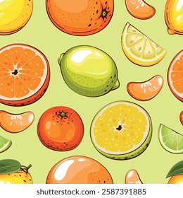 Fruits Background. Seamless Pattern with fresh fruits. Seamless pattern with citruses. Food Pattern. Fruits Background. Mixed fruits Pattern. Kitchen vibrant design. Hand drawn vector illustration