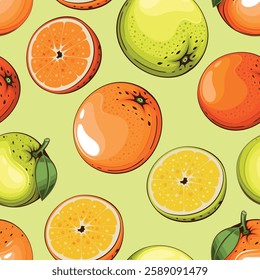 Fruits Background. Seamless Pattern with fresh fruits. Seamless pattern with citruses. Food Pattern. Fruits Background. Mixed fruits Pattern. Kitchen vibrant design. Hand drawn vector illustration