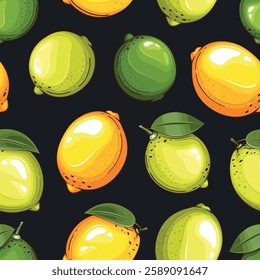 Fruits Background. Seamless Pattern with fresh fruits. Seamless pattern with citruses. Food Pattern. Fruits Background. Mixed fruits Pattern. Kitchen vibrant design. Hand drawn vector illustration