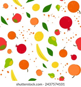 fruits. Background, seamless texture with cartoon pattern of fruits and leaves in a simple minimalist style. apple, pomegranate, peach, lemon, banana, pear, orange. on a white background. vector