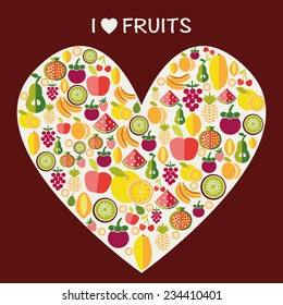 Fruits background stylish fruits in flat style made heart