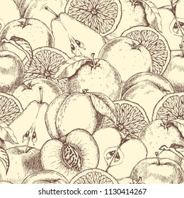 Fruits background. Vector hand drawn illustration with apples,pears, peaches and oranges.