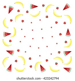 Fruits background with yellow bananas, watermelon and juicy strawberries on white background. Cute vector background. Bright summer fruits illustration. Fruit mix design card.