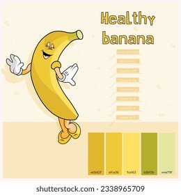 Fruits. Banana is delicious and healthy. Yellow color with arms and legs. Groovy style. Mascot. Vitamin B and Vitamin B1, B2, B6, C, PP, Fe, Ca, K, F, P. Proper nutrition. Baby food.