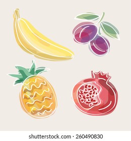 Fruits: banana, plum, pineapple, pomegranate. Fruit vector illustration, doodle design. Watercolor imitation. Cute food background. Hand drawn fruit icons.