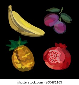 Fruits: banana, plum, pineapple, pomegranate. Fruit vector illustration, doodle design. Watercolor imitation. Cute food background. Hand drawn fruit icons.